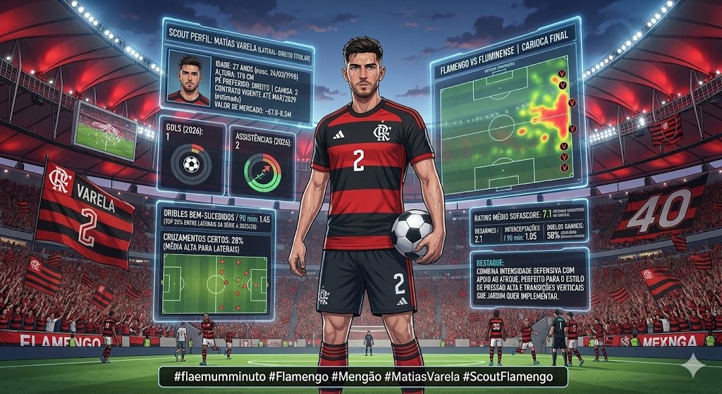 **Matías Varela (lateral-direito titular)**  
- Idade: 27 anos (nasc. 24/03/1998)  
- Altura: 178 cm | Pé preferido: Direito | Camisa: 2  
- Jogos em 2026 (até março): ~9-11 (Carioca + outras)  
- Minutos jogados: ~810-990 (estimado em competições principais)  
- Gols: 1 |