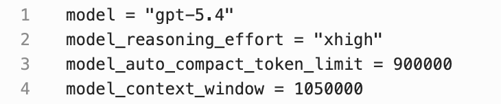 ycalintim's tweet photo. Most people are using the wrong knob to “extend” Codex context.

config.toml does not magically upgrade your context window.

If you want ~1M context in Codex:
- use gpt-5.4
- set model_auto_compact_token_limit to delay compaction
- leave model_context_window alone unless detection is wrong

The rule:  
Choose the right model first,  
tune compaction second.

That’s the difference between “more context” and “just lying to your config file”.