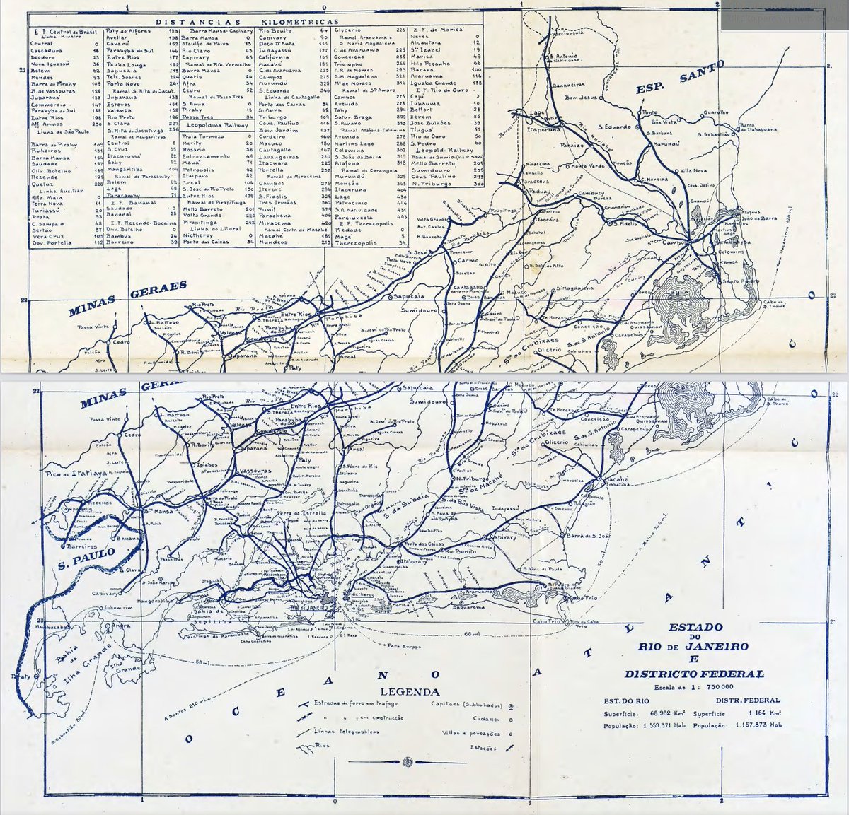 Mapa das estradas de ferro no estado do Rio de Janeiro e Distrito Federal no início dos anos 1920, com estações e distâncias quilométricas. 1/2