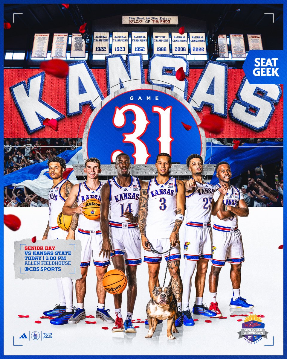 KUHoops's tweet photo. One last time in the Phog ✨

👉  vs. Kansas State
⏰  1:00 PM CT
📍  Allen Fieldhouse
📺  CBS Sports
🎙️  Jayhawk Sports Network

#RockChalk | @SeatGeek https://t.co/aIxmPt4nkP