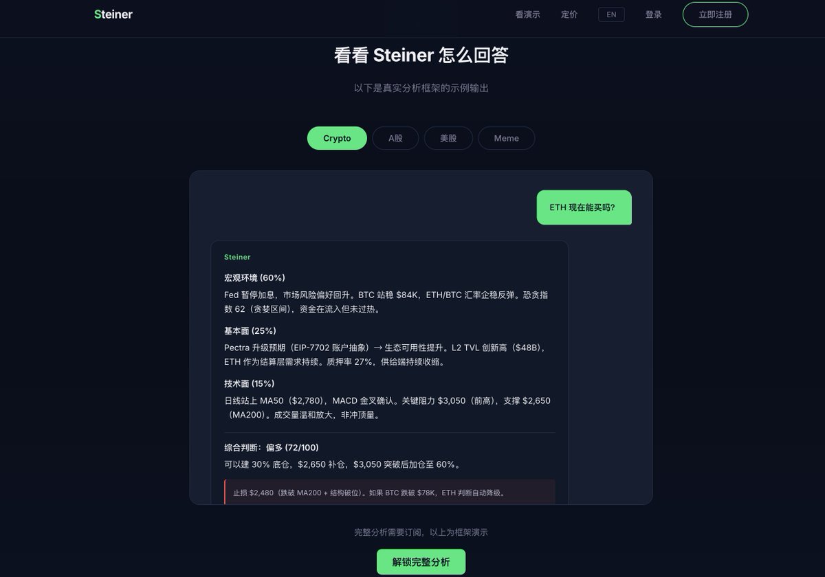 不要再手动筛选碎片信息了，那是上个时代的玩法。

我们把在 A股、美股、Crypto 沉淀的整套投资框架，全部重构进了 <a href="/Steinsgate_C/">SteinerAI-</a> 。基于最先进的大模型底座，SteinerAI 已经从“对话助手”进化为了“决策引擎”。

为什么它与众不同？

逻辑对齐： 深度融合了我和 <a href="/RayAC1397/">RayW</a>