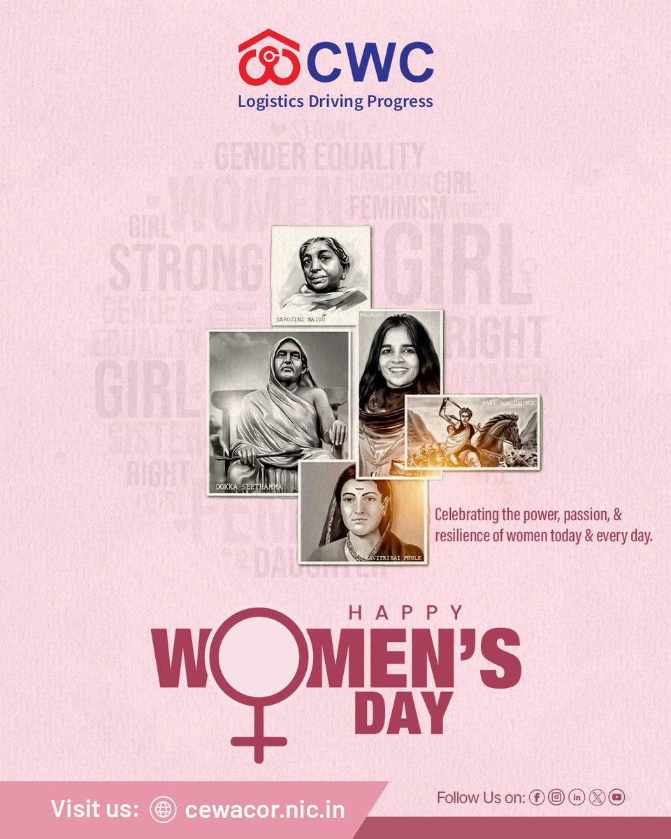 Empowering progress, strengthening logistics and inspiring change - today we celebrate the incredible women who drive excellence and shape the future at CWC.
Happy Women’s Day! ✨

<a href="/JoshiPralhad/">Pralhad Joshi</a> <a href="/PralhadJoshiOfc/">Office of Pralhad Joshi</a> <a href="/fooddeptgoi/">Department of Food & Public Distribution</a> <a href="/blvermaup/">B.L Verma</a> <a href="/Nimu_Bambhaniya/">Nimuben Bambhaniya</a> <a href="/MDCWC/">Managing Director, CWC</a> <a href="/Directorprscwc/">Director Personnel (CWC)</a>