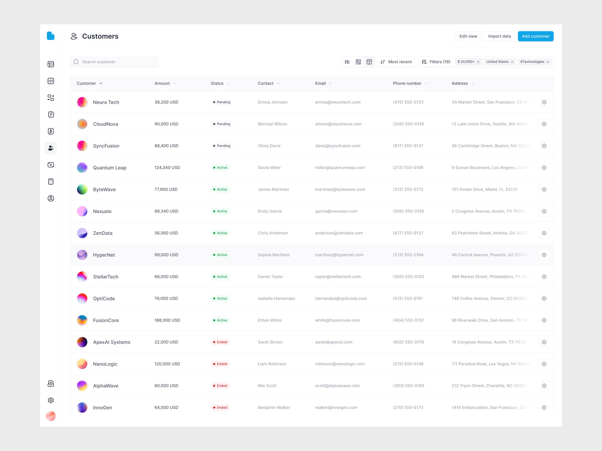 CRM 고객 관리 — 고밀도 데이터 테이블 화면