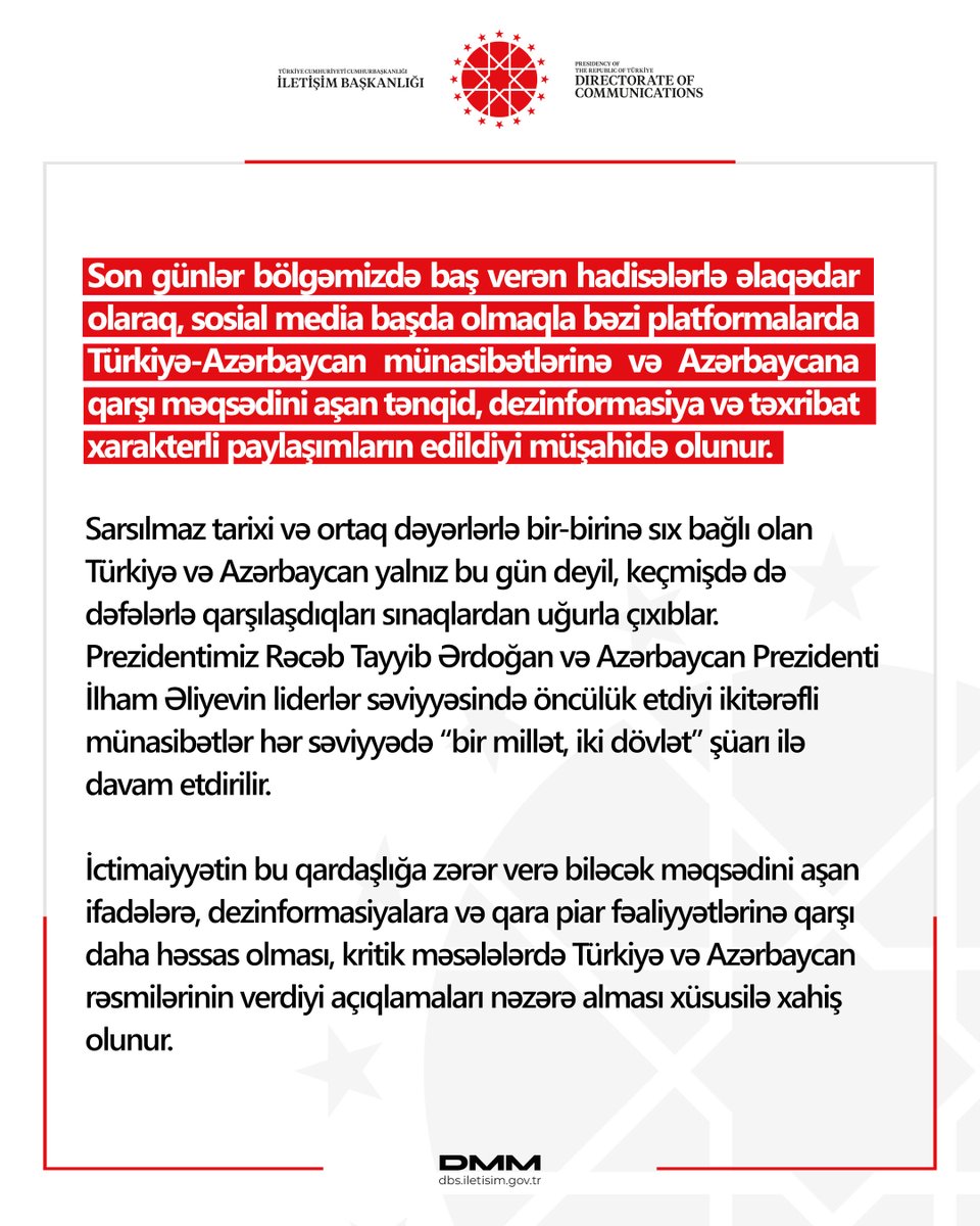 Son günlər bölgəmizdə baş verən hadisələrlə əlaqədar olaraq, sosial media başda olmaqla bəzi platformalarda Türkiyə-Azərbaycan münasibətlərinə və Azərbaycana qarşı məqsədini aşan tənqid, dezinformasiya və təxribat xarakterli paylaşımların edildiyi müşahidə olunur.

Sarsılmaz