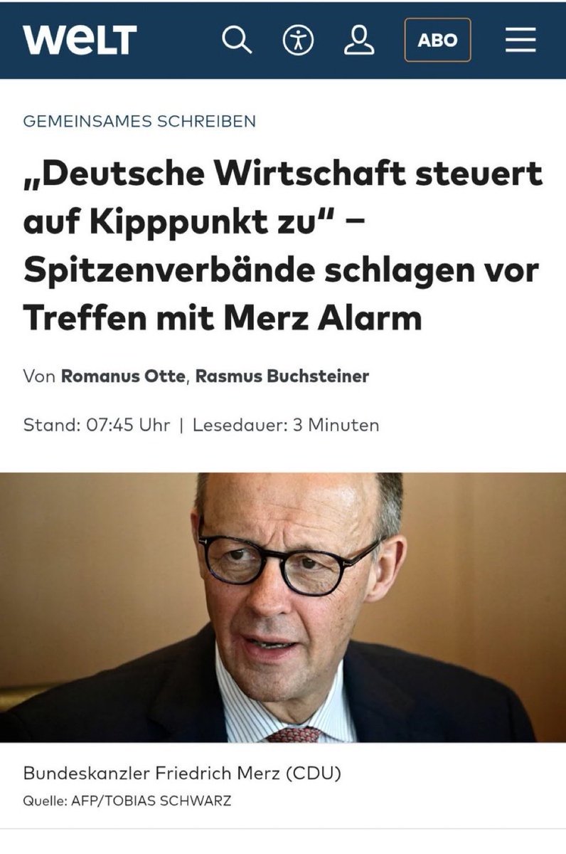 Seit Merz regiert und Habeck weg ist, brich die deutsche Wirtschaft an allen Ecken und Enden auseinander. 

Bosch bekommt so langsam in keiner einzigen Sparte mehr einen Fuß auf den Boden, weil Merz/Reiche alle Zukunftsbranchen zerschlagen. 

Nun wurde Merz zum Gespräch gebeten: