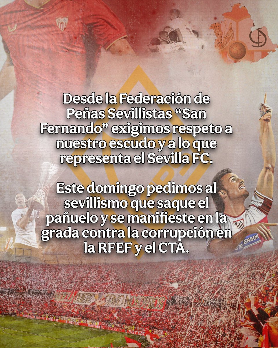 fpsevillistas's tweet photo. Desde la Federación de Peñas Sevillistas “San Fernando” exigimos respeto a nuestro escudo y a lo que representa el Sevilla FC.

Este domingo pedimos al sevillismo que saque el pañuelo y se manifieste en la grada contra la corrupción en la RFEF y el CTA. https://t.co/65hwQLhuIm