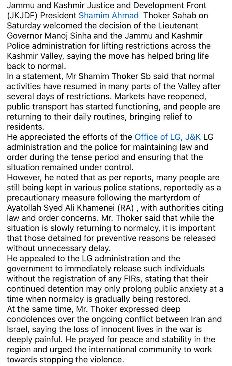 President <a href="/ShamimAThoker/">Shamim Ahmad</a> welcomes lifting of Kashmir restrictions as normalcy returns, urges <a href="/OfficeOfLGJandK/">Office of LG J&K</a> administration and CM <a href="/OmarAbdullah/">Omar Abdullah</a> release of those still detained without FIRs and calls for strict market checks ahead of Eid-ul-Fitr.