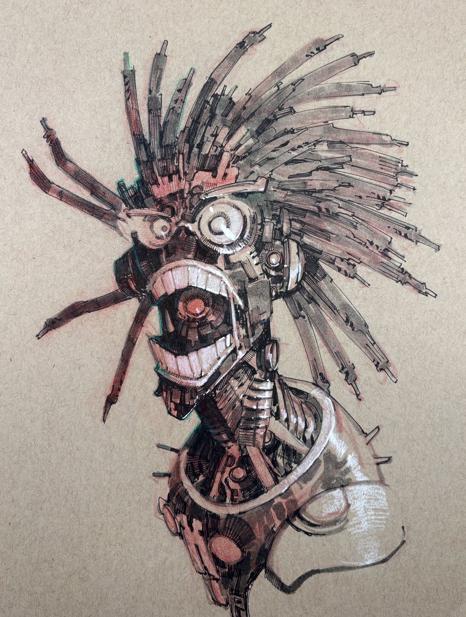 I'd argue the only artist who can draw this tech nightmare well is Bill Seinkeiwicz. 

I think I just drew the mascot from that old surfer brand Stűssy.  

"Warlock" commission from OAX2026