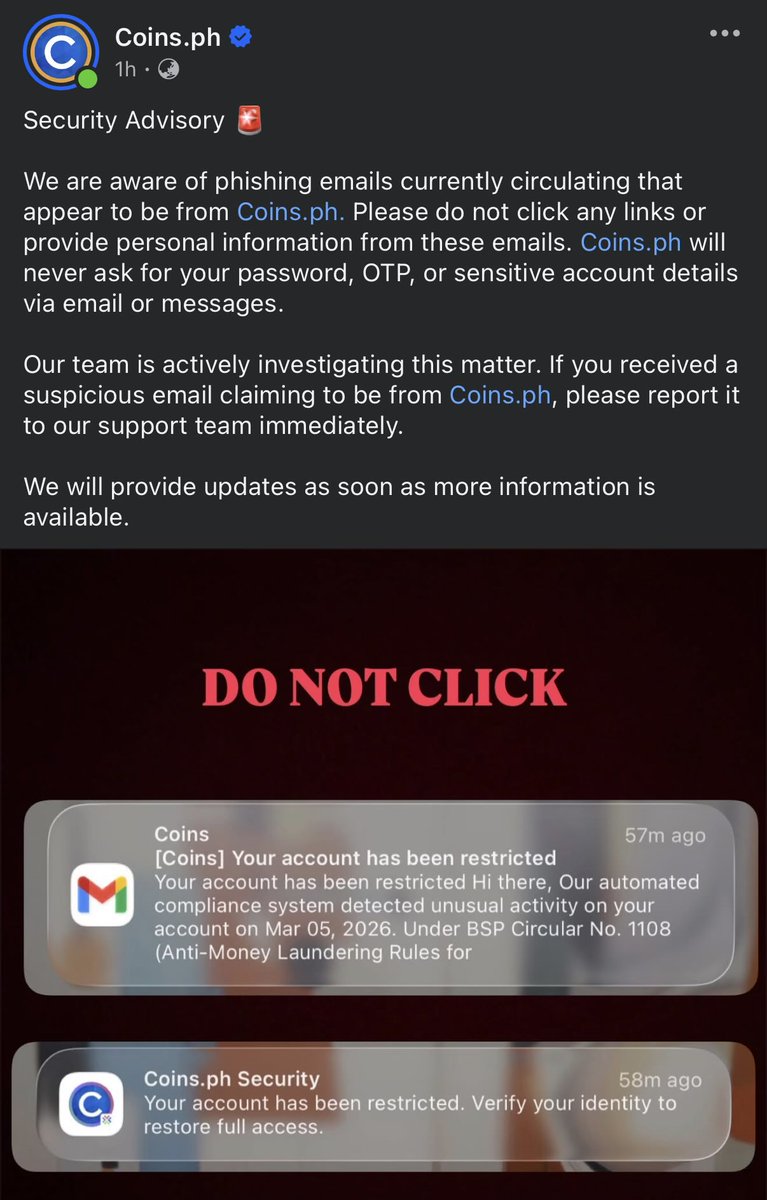 jrgrate's tweet photo. This after some reports of users received notification and emails posing as a legit @coinsph, Saturday evening. CoinsPH said it “will provide updates soon” https://t.co/d9958qd6TG