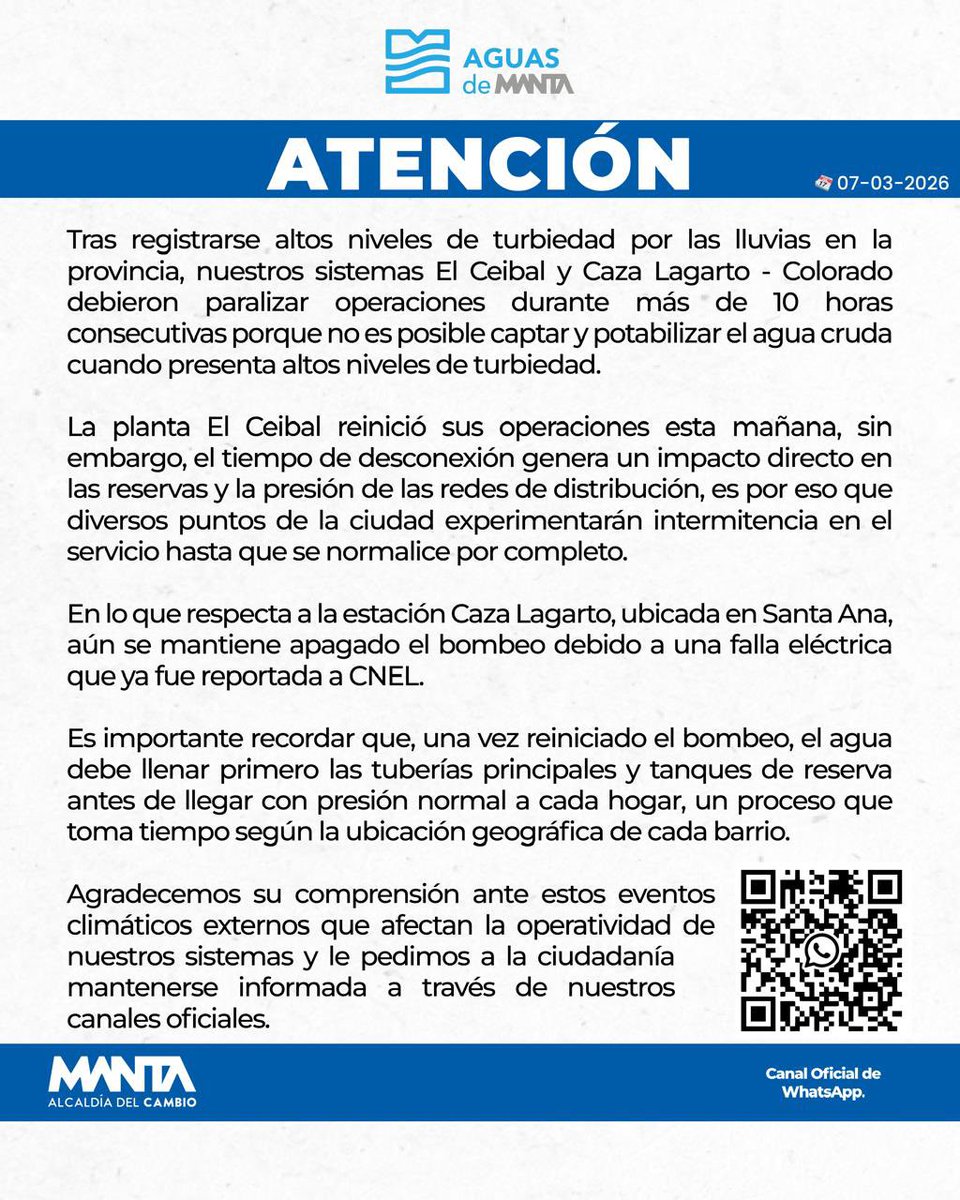 ¡Información importante!

Las intensas lluvias en la provincia han generado altos niveles de turbiedad, obligándonos a pausar operaciones por más de 10 horas para cuidar nuestros equipos. Te contamos la situación actual:
