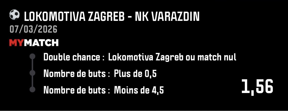 Minoupronos's tweet photo. Re à tous 👋🐈
Direction : Croatie 🇭🇷 ✈️
Pari établi à l’aide de @datafootfr & IA
Lokomotiva⚡️Varazdin (17h15) ⚽️
Mon prono🔥: Lokomotiva marque & -4,5 buts (1,37)
À tenter🔮 : 1X & 1–4 buts
Confiance : 8,7/10 ✅
Explication ⬇️
#Pronofoot #Datafoot #TeamParieur #SafeBet https://t.co/158tHXe7Hx