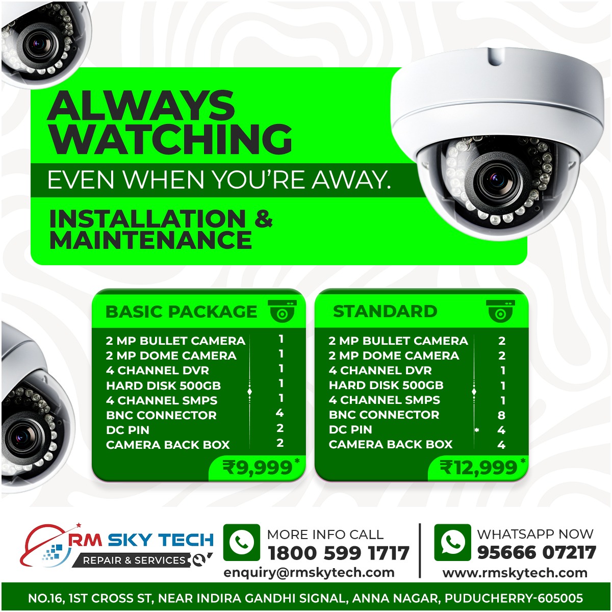 Professional CCTV Installation &amp; Maintenance Packages Puducherry | RM Sky Tech
#RMSkyTech #CCTVInstallation #SecuritySystems #Puducherry #Surveillance #HomeSecurity #BusinessSafety #AnnaNagar #PondicherryBusiness #TechRepair #CCTVMaintenance