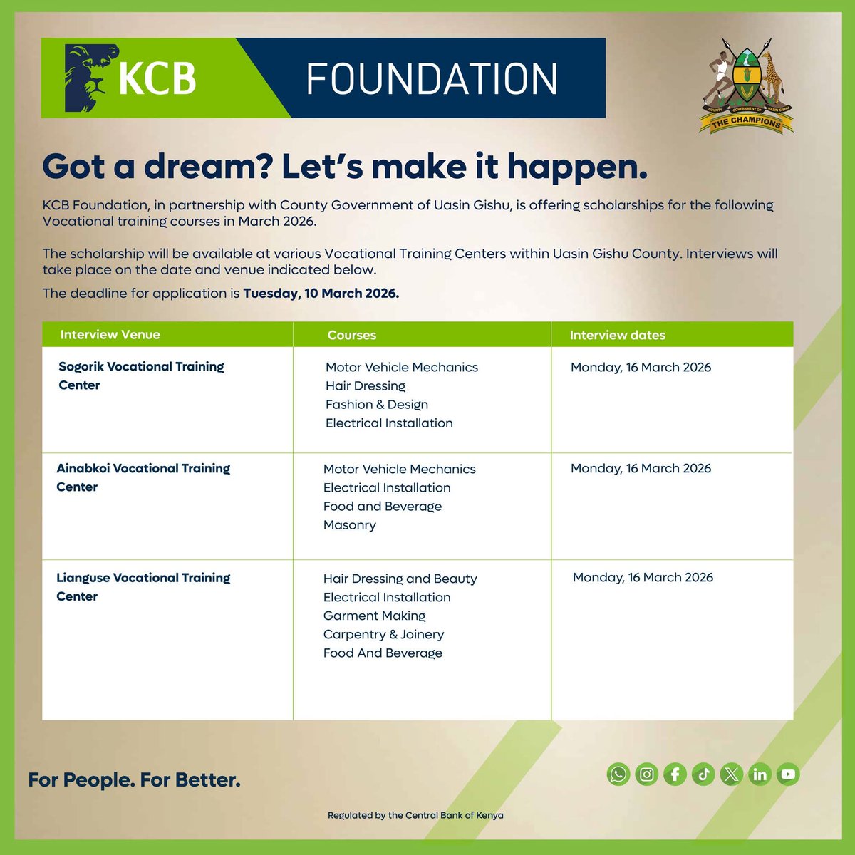 KCBInKenya's tweet photo. Your future skill starts here!

KCB Foundation, in partnership with the County Government of Uasin Gishu, is offering vocational training scholarships this March.

Deadline: 10th March 2026

Apply here: https://t.co/KeQeKVgnlZ

#KCBF #2Jiajiri #ImpactingPeopleForBetter https://t.co/hBfIneqdQL