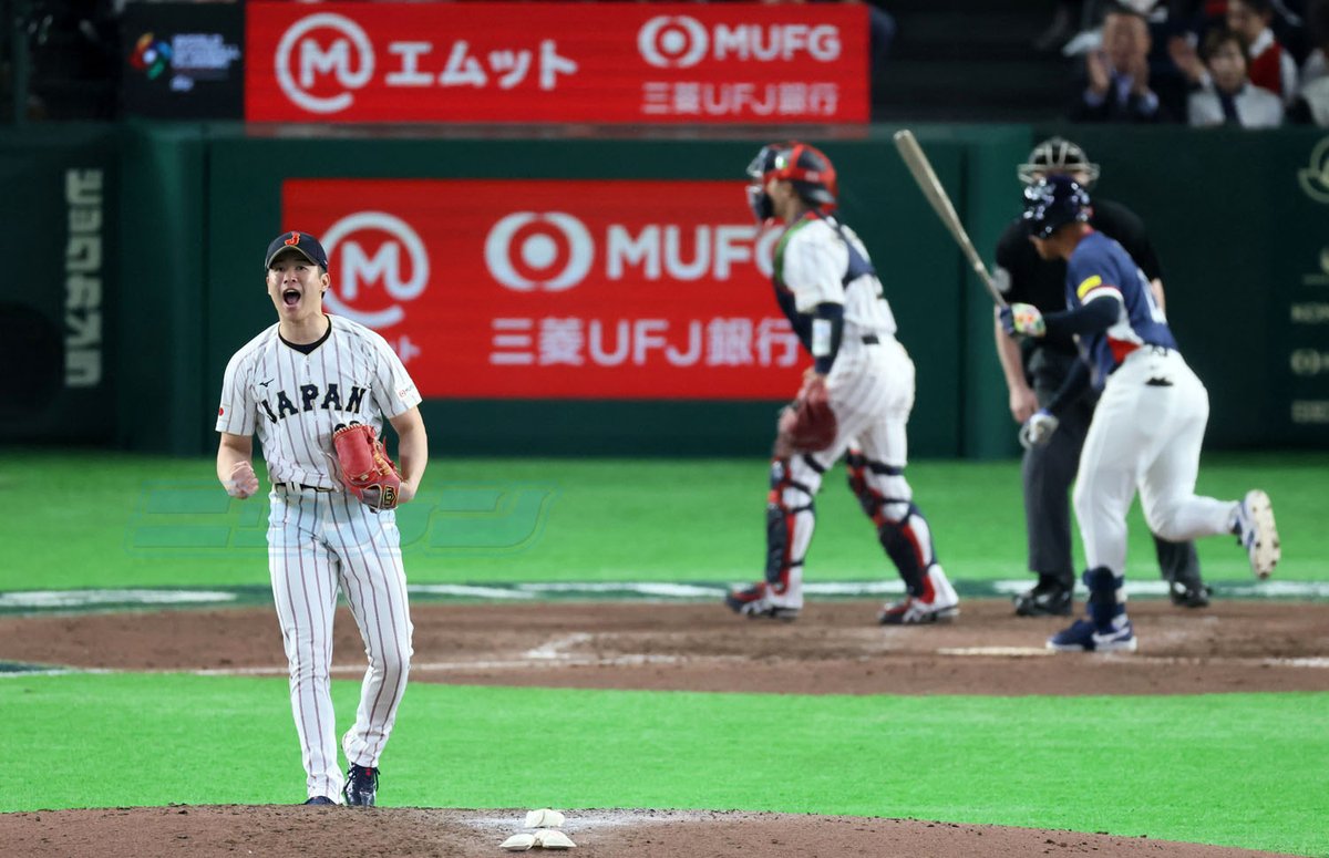 nikkan_samurai's tweet photo. 【侍ジャパン】
７回表、種市篤暉投手はジョーンズ選手を三振に仕留めマウンド上でガッツポーズです
（撮影・加藤哉） https://t.co/HxJkun2ZH5