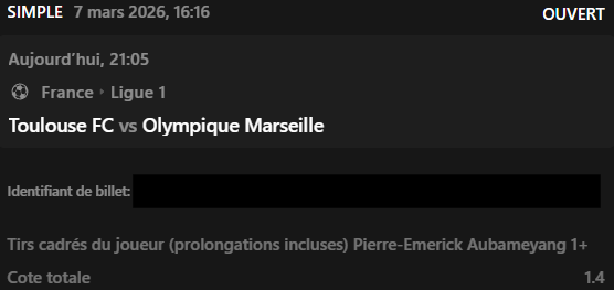 Palier 3 ⤵️

🪜 Palier 1 : <a href="/1/">1</a>.78 ✅178€
🪜 Palier 2 : <a href="/1/">1</a>.55 ✅275€ 
🪜 Palier 3 : <a href="/1/">1</a>.40

Toulouse FC vs Olympique Marseille
→ Aubameyang 1+ tir cadré

🎯 Objectif x3
 
📊 <a href="/1/">1</a>.40

🟢 Match dispo' :
👉 is.gd/EjUeJQ👈

#teamparieur #Pronos