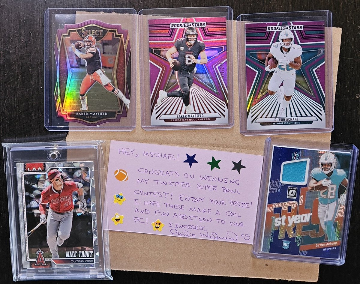 Congrats to <a href="/MJZDBZ_48/">Michael Zito</a> for winning my Twitter Super Bowl Contest last month!  For his prize, he received colorfully cool cards of De'Von Achane and Baker Mayfield as well as a 2026 Topps Diamante Mike Trout that I pulled for his amazing player PCs! 😃🏈🧡🐬🤎🧡🌟🌈✂️⚾️❤️😇💎
