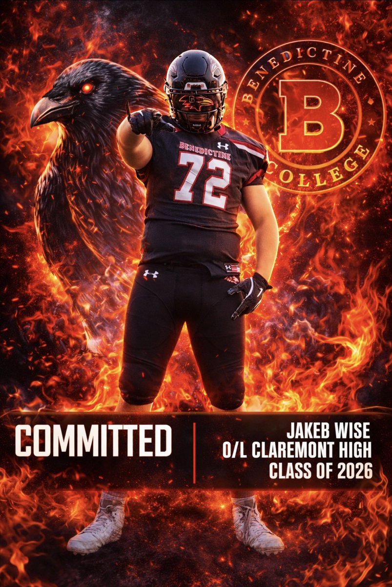 Jakebwise2026's tweet photo. AGTG 🌟

I’m blessed to announce that I am 100% committed to Benedictine College to continue my academic and football career.

Thank you to my family, coaches, and teammates for all the support.
Let’s get to work.

#RavenNation #Committed https://t.co/0YM7nTE6qW
