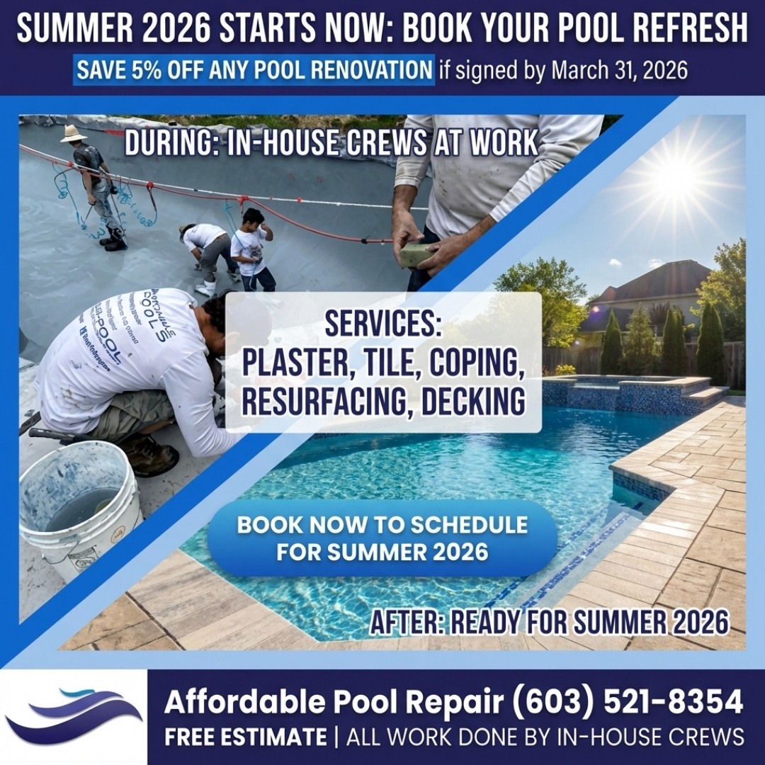 AffPoolsNH1999's tweet image. Book now for Summer 2026—plaster finishes, waterline tile, coping, resurfacing/repair, and decking with in-house crews + FREE estimate; call (603) 521-8354. #PoolRenovation #PoolRepair #PoolPlaster #PoolTile #GunitePool #InHouseCrew #FreeEstimate #Summer2026
