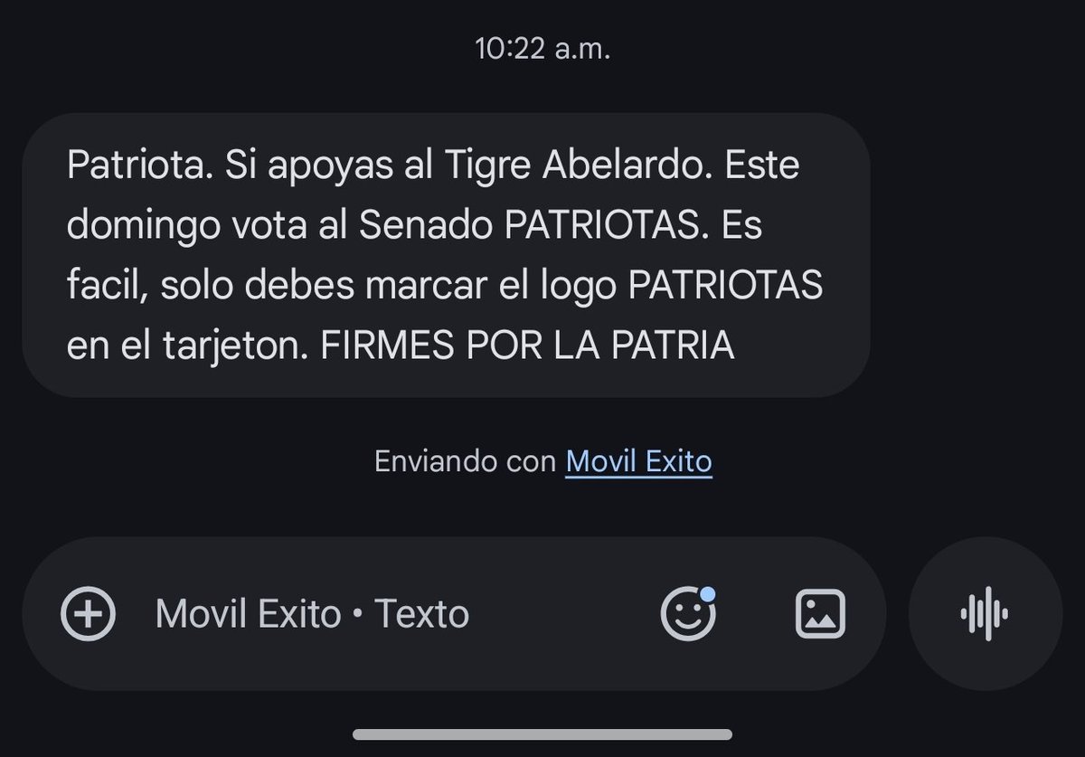 Y yo me pregunto de donde saca tanta plata el tigre para tanta publicidad, lo cierto es que solo #PactoHistórico en esta Monda!, si alguien sabe como bloquear estos mensajes se agradece el dato por que no se de donde sacaron mi número