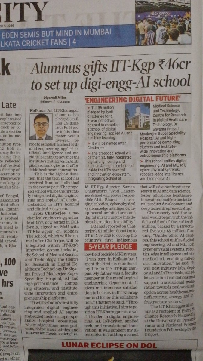 IndianGeostrat's tweet photo. An IIT Kharagpur alumnus, Jyoti Chatterjee, now settled in California's Silicon Valley and working as a senior engineer, donated $5 million (₹46 crore) to IIT Kharagpur to establish a Digital Engineering and AI School. This will set a milestone in leading India's AI revolution. https://t.co/dss0X5c0h4