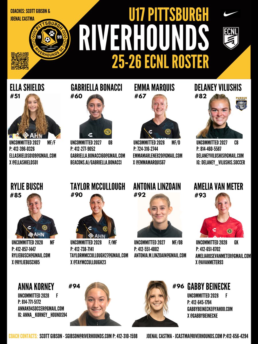 Hounds09ECNL's tweet photo. Update 👀: The 2025-2026 U17 Pittsburgh Riverhounds ECNL Roster 🖤💛⚽️ https://t.co/NaKcc2USBQ