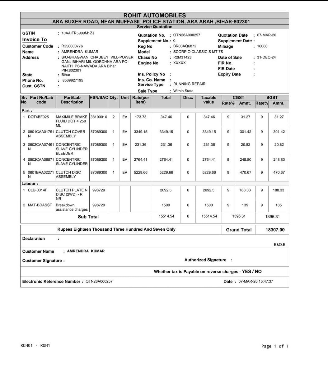 Sanjeev_Choubey's tweet photo. @18002096006 The service centre did not provide a proper job sheet and delivered vehicles without QC. The work order contains manipulated entries showing two visits (4 Feb &amp; 6 Feb) with a 200+ km diff eventhough my car stayed there. My vehicle had 16k km but incorrect data was recorded. (2/3) https://t.co/zZvu0eCH75