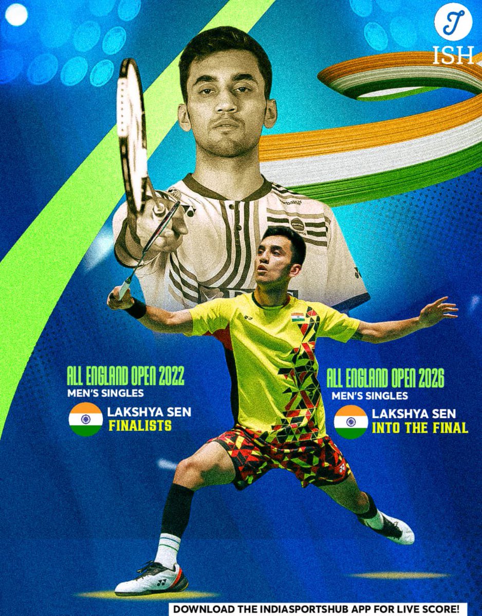 IndiaSportsHub's tweet photo. 🏸 Lakshya Sen Back in the All England Final!

After finishing runner-up in 2022, Lakshya Sen has once again reached the All England Men’s Singles Final in 2026.

Another big moment for Indian badminton on one of the sport’s biggest stages. 🇮🇳🔥

#AllEngland2026 #LakshyaSen #Badminton #IndiaSportsHub