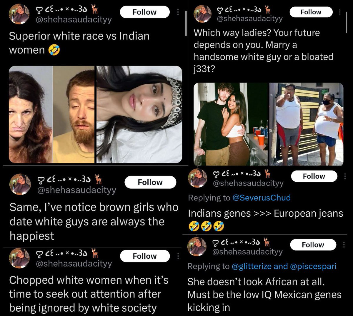 venom1s's tweet photo. This Indian woman in the USA hates on white women all day while simping for white men.
When white men call her ugly in the replies, she rants about white people being inferior and Indian women superior.

Then flips back to praising white men.
She pushes dating white guys as “better” for Indian women, calls white women “chopped,”
and trolls Indian men.

She gets massive support from other Indian and Black women.

No other ethnic women boast about white men like this and say why it's better to marry white men.

Not even white women waste time on that cringe.

Her entire account is dedicated to worshipping white men and hating white women and Indian men.

And her replies are filled with white men calling her ugly.

Still, she never stops. It screams insecurity among Indian women.

White men defend their women by calling her and other Indians ugly.

Notice: White women rarely hate on Indian women; it's mostly white men.

Yet she simps for white men and hates white women.

Why do so many Indian and Black women in the West create accounts to spread hate on white women?