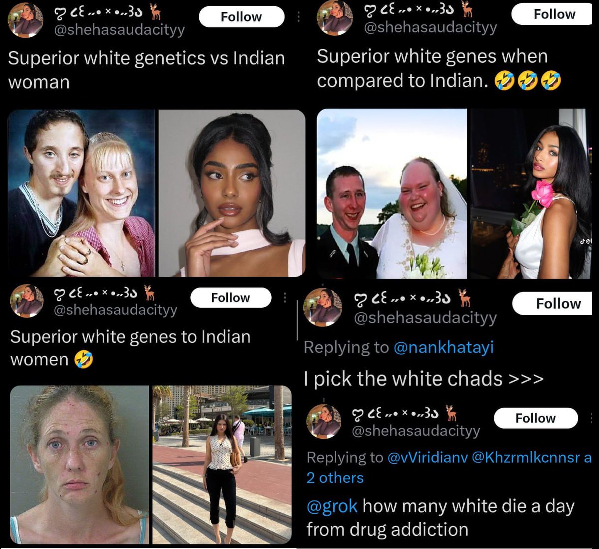 venom1s's tweet photo. This Indian woman in the USA hates on white women all day while simping for white men.
When white men call her ugly in the replies, she rants about white people being inferior and Indian women superior.

Then flips back to praising white men.
She pushes dating white guys as “better” for Indian women, calls white women “chopped,”
and trolls Indian men.

She gets massive support from other Indian and Black women.

No other ethnic women boast about white men like this and say why it's better to marry white men.

Not even white women waste time on that cringe.

Her entire account is dedicated to worshipping white men and hating white women and Indian men.

And her replies are filled with white men calling her ugly.

Still, she never stops. It screams insecurity among Indian women.

White men defend their women by calling her and other Indians ugly.

Notice: White women rarely hate on Indian women; it's mostly white men.

Yet she simps for white men and hates white women.

Why do so many Indian and Black women in the West create accounts to spread hate on white women?