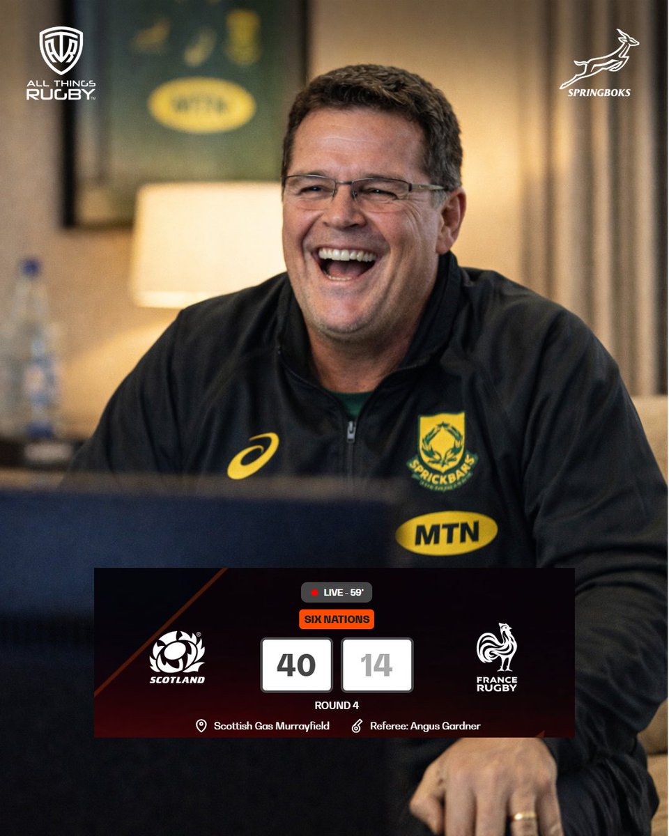 AllThingsRugbyX's tweet photo. We now go live to South Africa to ask Rassie his opinion......

#SCOvFRA #Springboks #GuinnessM6N #SixNations #Rassie #NationsChampionship https://t.co/K5CacByCMf