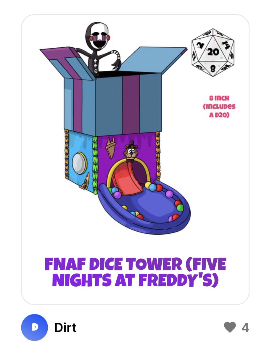 FNAFAlerts's tweet photo. Dirt has posted a new FNAF design for a possible FNAF Dice Tower Youtooz item on the Community page!

Go give it a vote if you want this to have a chance at being real! 

Link below to vote!
FNAF Dice Tower: https://t.co/9shJ63Hm73 https://t.co/1aS50FfZRx