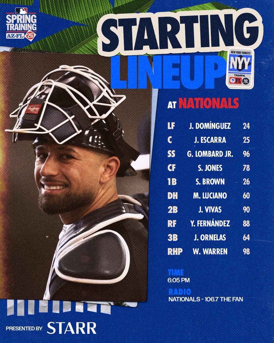 CoolYanksFan's tweet photo. #YankeesTwitter here's tonight's young @Yankees lineup as the @Yankees travel to @thecityofwpb to take on the @Nationals as @warrenwilliam07 on the mound and @jcescarra doing the catching
#YankeesSpringTraining
#YankeesLineup
#YankeesBaseball
#RepBX vs #Natitude
#Yankees https://t.co/cyAKWsgdSV