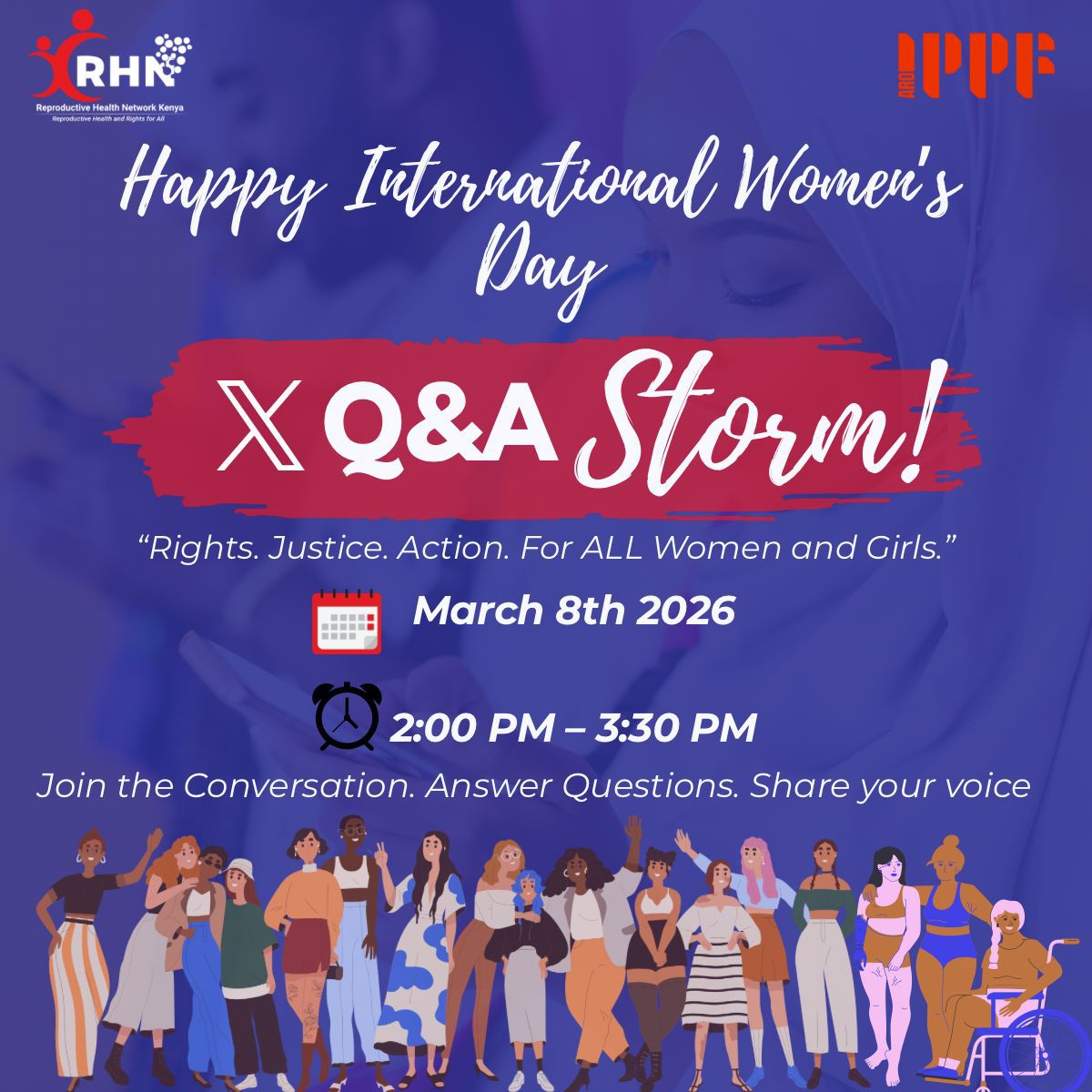 Lucy_Wanjiru0's tweet photo. Ready to share your voice? 🗣️✨
Join the X Q&A Storm this March 8th! 🗓️
We’re talking Rights, Justice, and real Action for every woman and girl.
🕙 2:00 PM – 3:30 PM
💬 Join the conversation. Answer questions. Share your voice.
See you there! 💜
#IWD2026 #XStorm #WomensRights https://t.co/L7AFCNDbX0