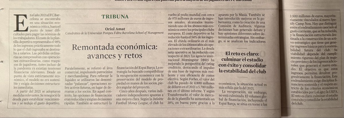 oriolamat's tweet photo. La situació econòmica del @FCBarcelona_cat ha millorat molt en els darrers anys, però encara queden reptes importants: acabar Espai Barça…
Fa uns dies vaig publicar aquest article a @LaVanguardia sobre el tema. Com que molts m’heu demanat poder-lo llegir, en comparteixo la pàgina publicada.