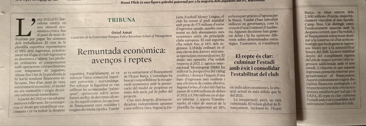 oriolamat's tweet photo. La situació econòmica del @FCBarcelona_cat ha millorat molt en els darrers anys, però encara queden reptes importants: acabar Espai Barça…
Fa uns dies vaig publicar aquest article a @LaVanguardia sobre el tema. Com que molts m’heu demanat poder-lo llegir, en comparteixo la pàgina publicada.