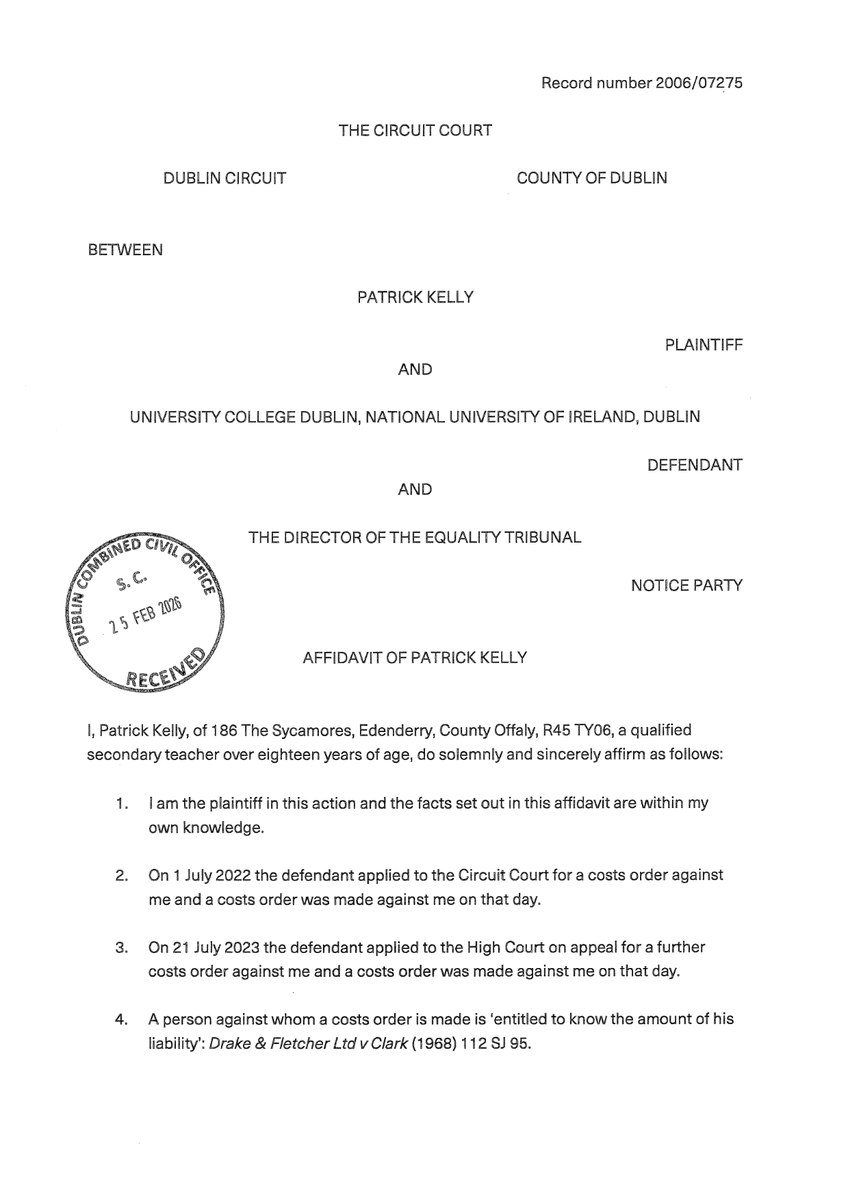 patrick_tweets's tweet photo. Kelly v UCD

The affidavit grounding my application for orders certifying the 'refusal or neglect' of UCD 'to deliver' bills of costs pursuant to orders for costs made against me, on UCD's application, on 1 July 2022 and 21 July 2023:

#UCD #costs https://t.co/6sxaYWgKQS