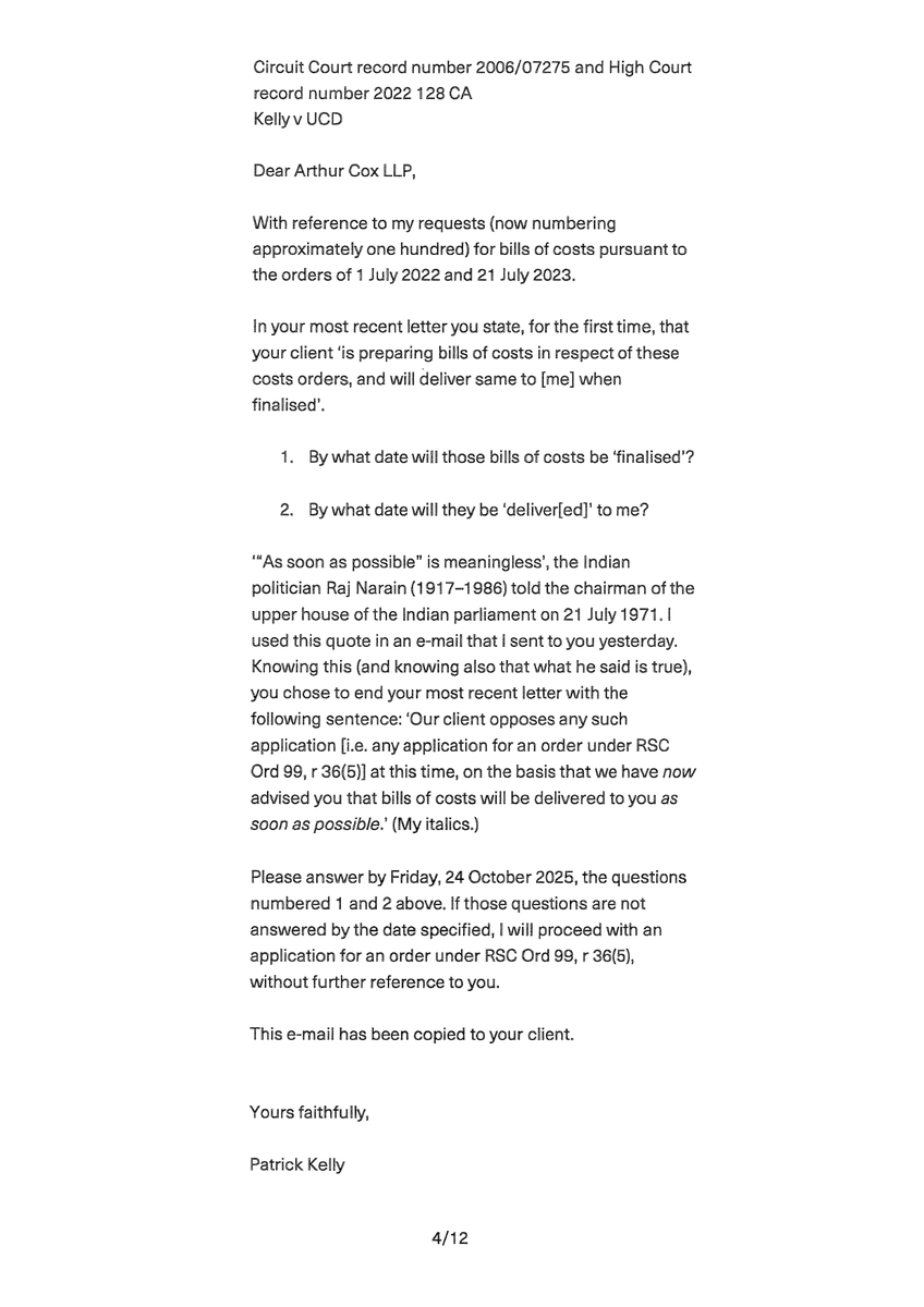 patrick_tweets's tweet photo. Kelly v UCD

The affidavit grounding my application for orders certifying the 'refusal or neglect' of UCD 'to deliver' bills of costs pursuant to orders for costs made against me, on UCD's application, on 1 July 2022 and 21 July 2023:

#UCD #costs https://t.co/6sxaYWgKQS