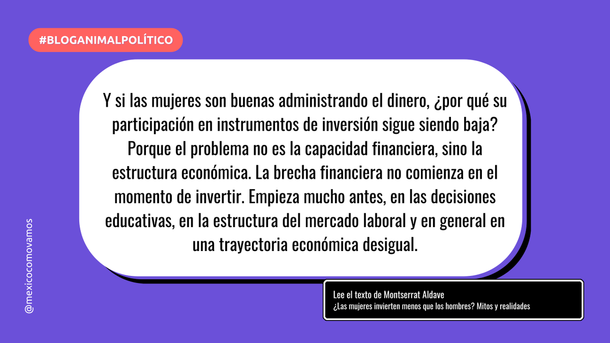 MexicoComoVamos's tweet photo. 📢 En muchos hogares, a los hombres se les socializa en torno a “generar ingresos”, mientras que a las mujeres se les educa para “administrarlos”. Esta diferencia influye en aspiraciones profesionales, tolerancia al riesgo y elección de carrera.

🟣 Lee a @monorriel_ en el #BlogMCV con @Pajaropolitico ➡️  https://t.co/feH2ucDLDZ

#8M