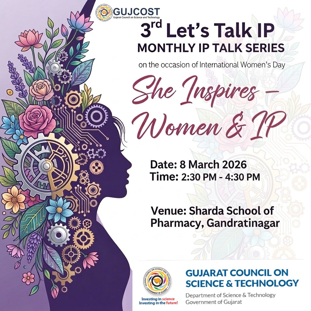 maitripatel4419's tweet photo. Join @InfoGujcost this #InternationalWomensDay for a special #IPTalk! 🌸
​✨ Theme: She Inspires – Women &amp; IP
🎙️ Featuring: Ms. Satya Sridevi Pogaru &amp; Dr. Rina Gokani
📅 March 8, 2026
⏰ 2:30 PM onwards
(Online+ Ofline mode)
​
Live on YouTube: https://t.co/dpU7hDfAol https://t.co/VU35jGmcFt