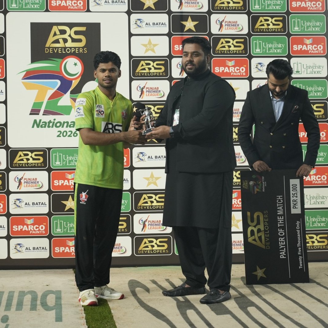 🏏 ABS Developers National T20 Cup 2025-26 🏏

⭐ Farhan Yousuf earns Player of the Match for 61* (31) with 4️⃣ sixes &amp; 5️⃣ fours vs Peshawar 👏

Full Scorecard 👉🏼 pcb.com.pk/abs-developers…

#LHRWvPSH | #NationalT20Cup