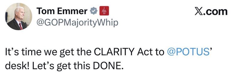 CLARITY ACT HEADED TO THE PRESIDENT’S DESK ✍🏻

U.S. lawmakers push to finalize crypto regulation. 🇺🇸