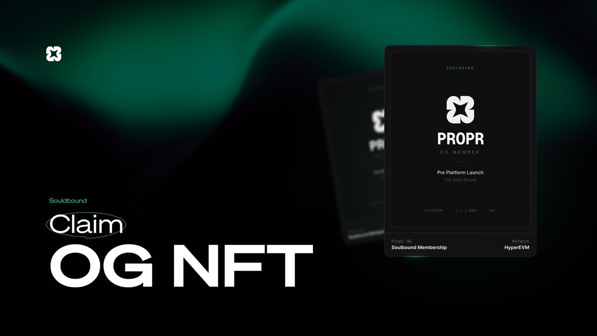 The Propr OG NFT is live.

It’s soulbound with a 1,000 supply, gasless and free.

To claim it you need to be a Discord member and have either $100,000 in Hyperliquid core volume or 10,000 XBG.

We'll share what it unlocks soon. Link below ↓