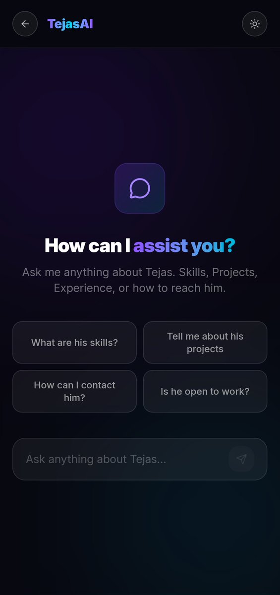 TejasBytes's tweet photo. Tired of portfolios that just sit there 💤
So I built one that talks

TejasAI answers questions about my skills, projects &amp; experience in real-time powered by MERN, Gemini API.

It even handles typos😭

Go break it
https://t.co/bT1VKpd6se

#buildinpublic #WebDev #AI #MERNStack https://t.co/EMbxQOJ316