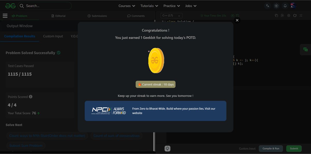 ChikuX22's tweet photo. Day 18 of 60 Days POTD Challenge Powered By NPCI(GFG)

#geekstreak60 #npci 
@geeksforgeeks @NPCI_NPCI https://t.co/AyzFzoTYPn