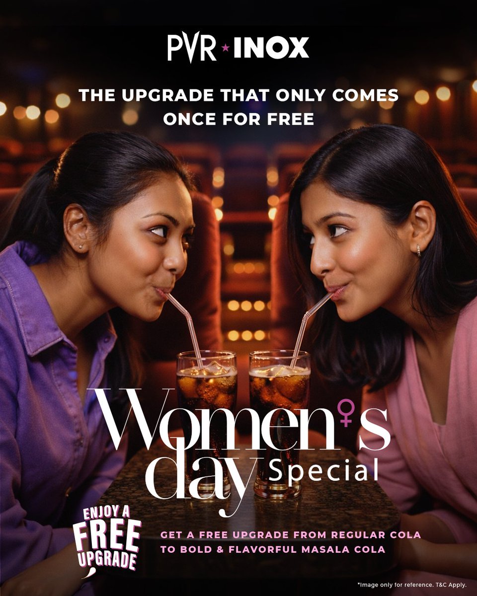 _PVRCinemas's tweet image. A movie date deserves a little extra fizz. 🥤✨
Enjoy a FREE upgrade from regular cola to bold Masala Cola with your Women’s Day Special at PVR INOX.
.
.
.
*T&amp;amp;Cs Apply
#WomensDayOffer #Upgrade #MasalaCola #Offer