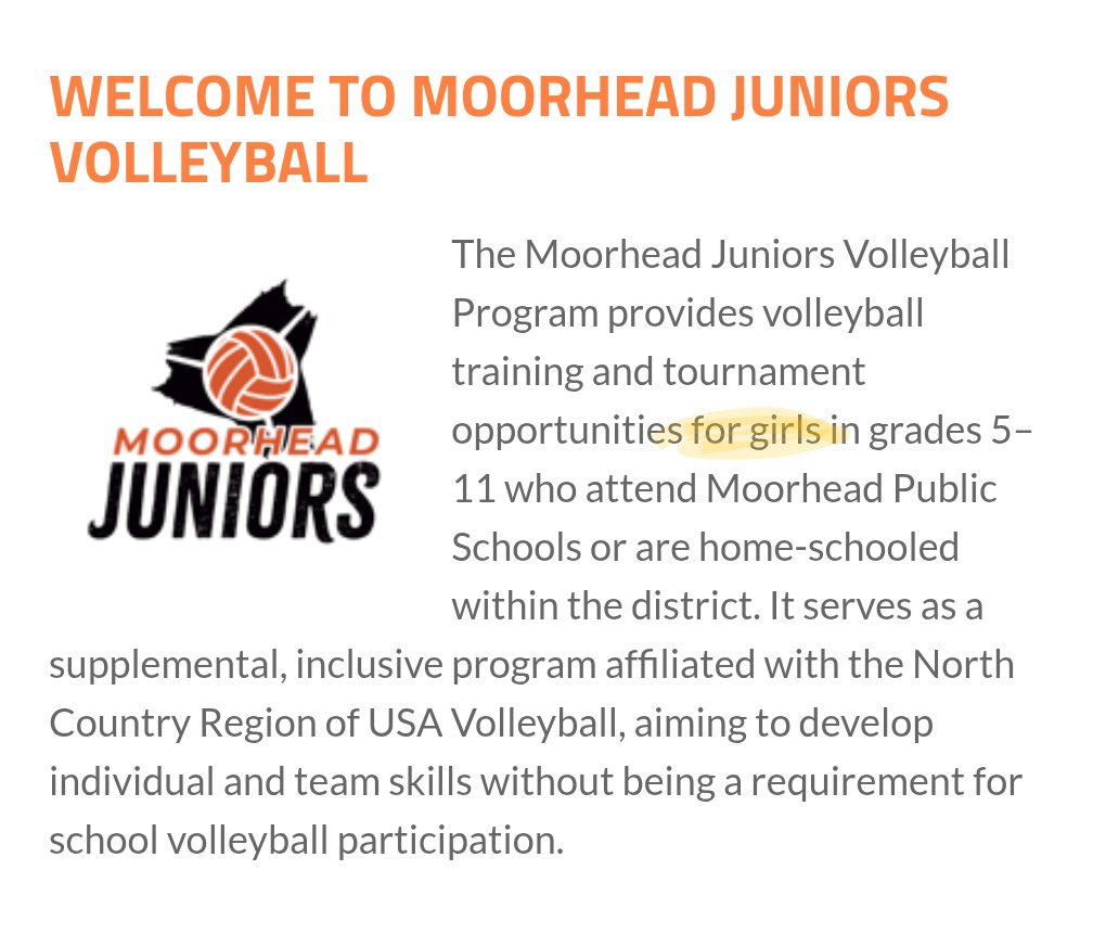 🚨 INBOX: A concerned parent tells me Moorhead Juniors Volleyball in Minnesota gave a boy a spot on the girls’ 14-3 team this year.

Cuts were made at the 14U level. The parent says at least one girl who tried out was cut but could have made the team if that roster spot hadn’t