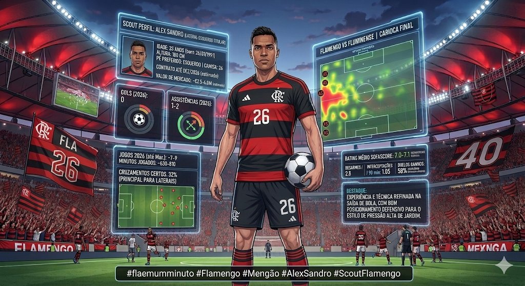 **Alex Sandro (lateral-esquerdo)**  
- Idade: 35 anos  
- Camisa atual: 26  
- Competições: Todas as principais (Carioca, Brasileirão, Libertadores, Copa do Brasil 2026)  
- Jogos em 2026 (até março): ~7-9  
- Minutos jogados: ~630-810  
- Assistências: 1-2  
- Cruzamentos