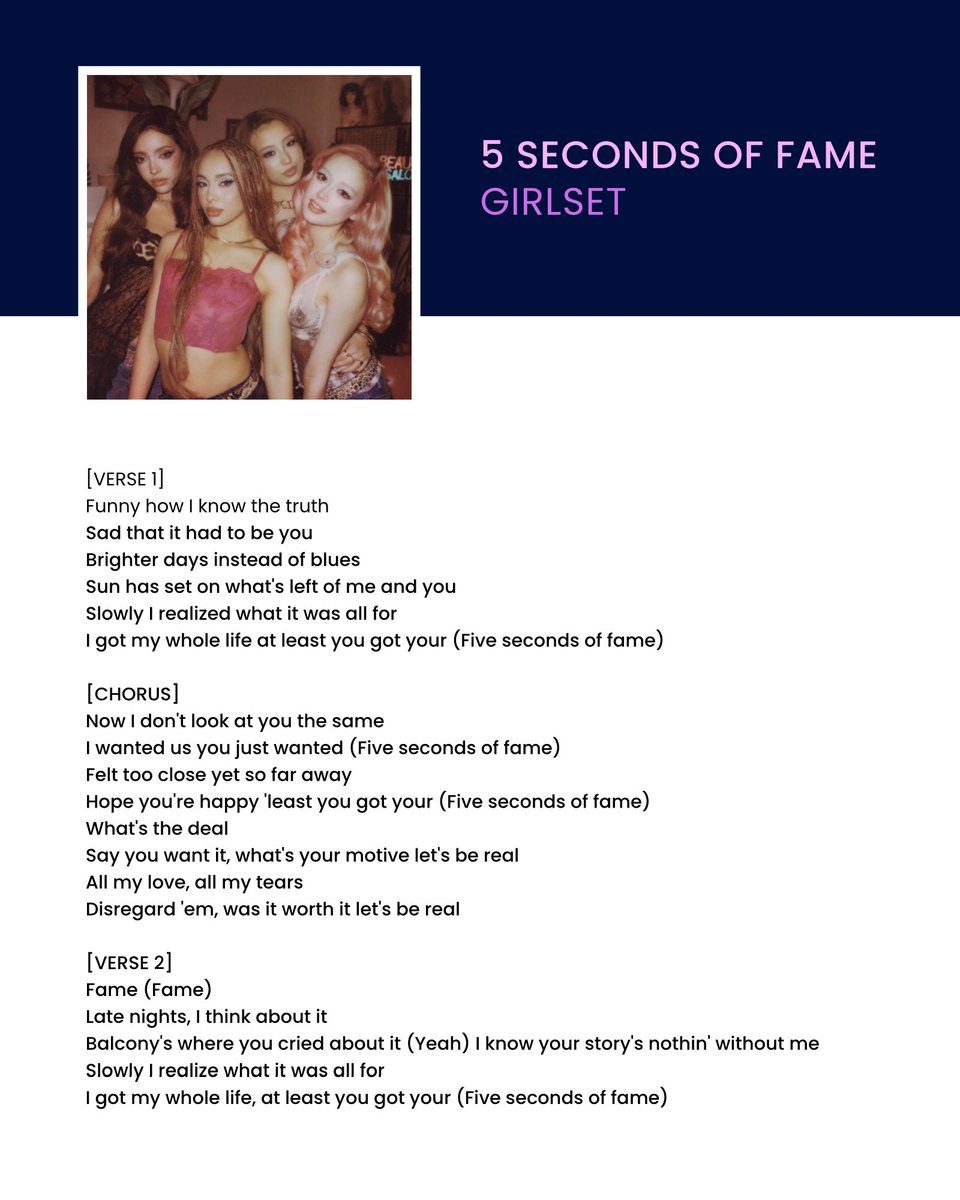 GIRLSET_SOURCE's tweet photo. [UNRELEASED SONG LYRICS]

Title: 5 Seconds Of Fame
Duration: 3:14
Written By #GIRLSET https://t.co/GBHD5THAbo