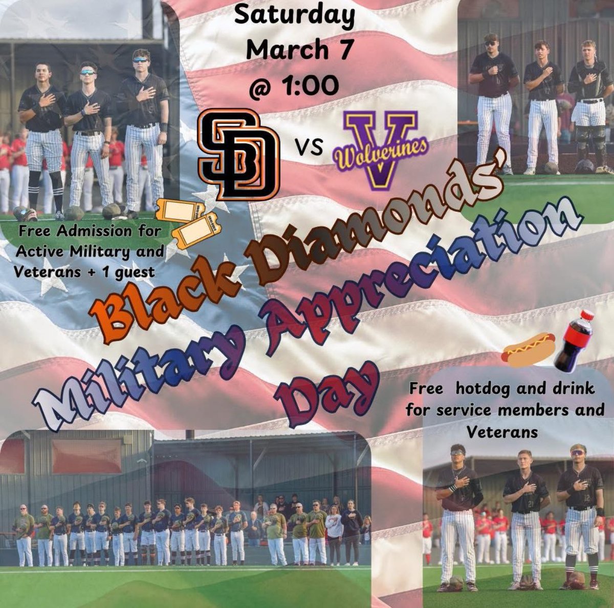 Gameday vs Vian! 
Sallisaw Baseball Field 📍 
1:00 🕐 
Military appreciation day! 🇺🇸 
Free admission and hotdog with a drink for all active members and veterans! 🌭 🥤 
#GoBlackDiamonds