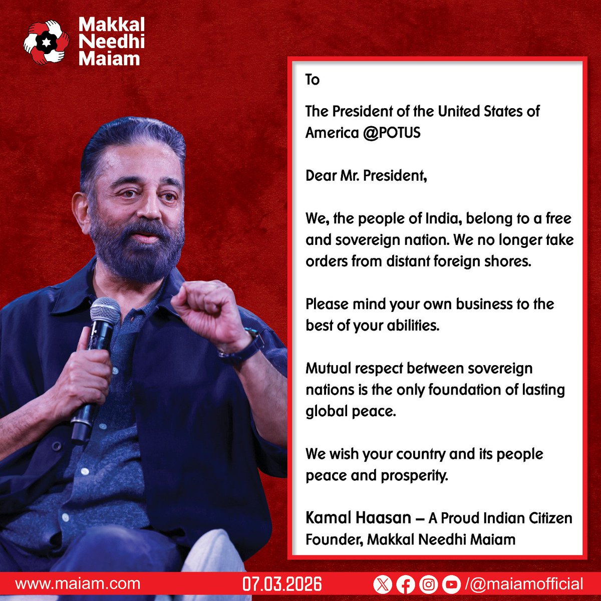Mutual respect between sovereign nations is the only foundation of lasting global peace - Makkal Needhi Maiam President and Rajya Sabha MP Thiru. Kamal Haasan <a href="/ikamalhaasan/">Kamal Haasan</a> reminds President Donald Trump about India's sovereignty. 

#KamalHaasan
#KamalHaasan_MP
#MakkalNeedhiMaiam